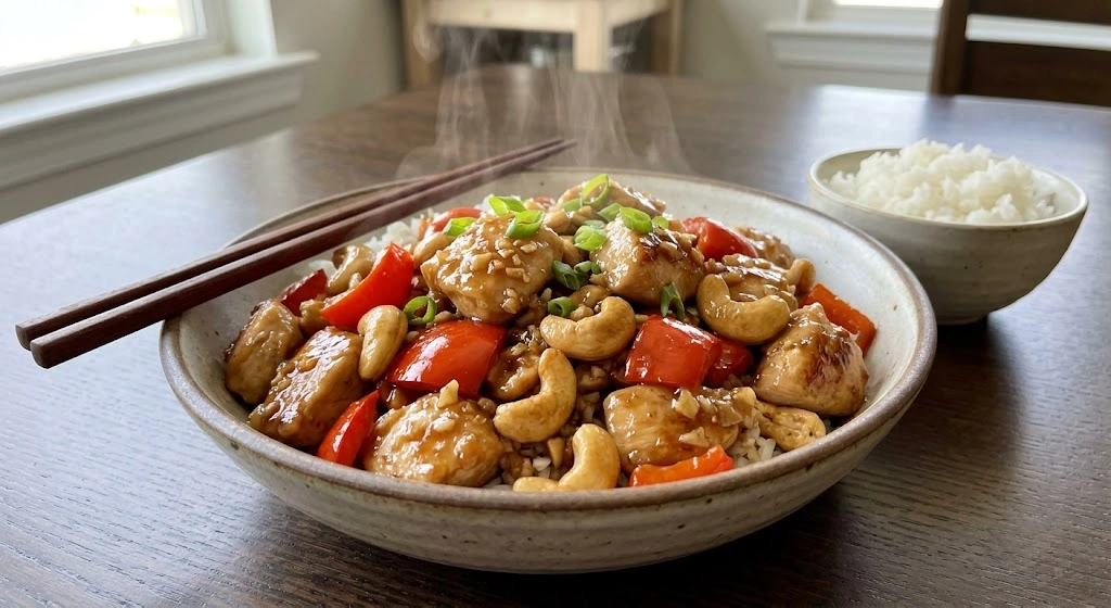 Cashew chicken with colorful vegetables, ready to share