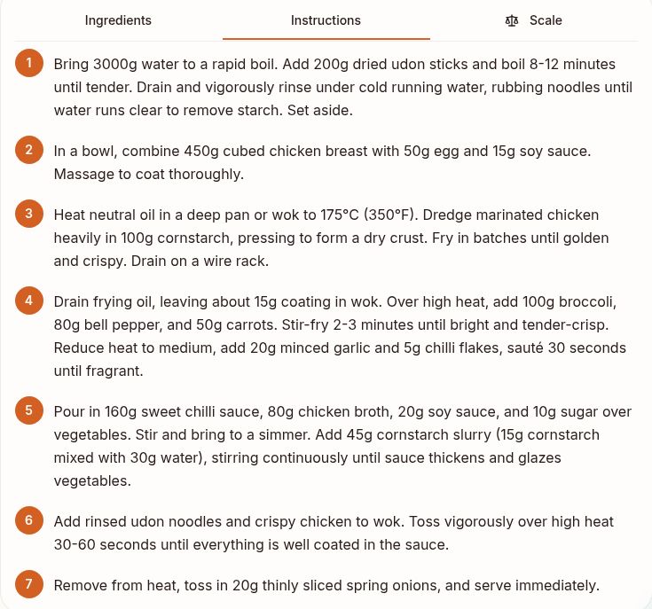The actual Light-mode instructions screen showing seven ordered cooking steps